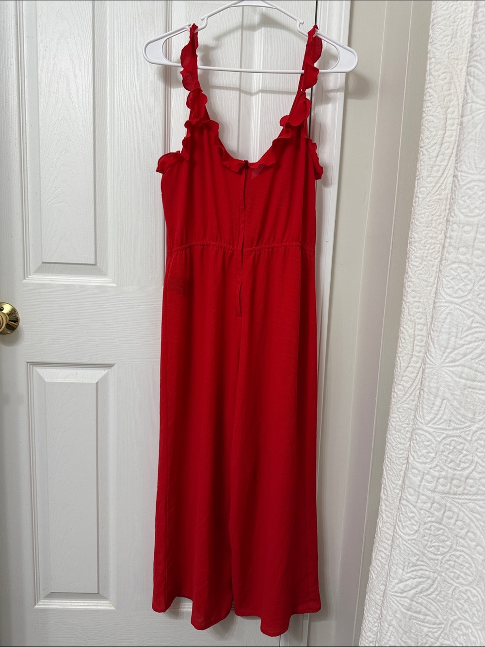 Divided Red Ruffle Strap Jumpsuit - Picture 5 of 8